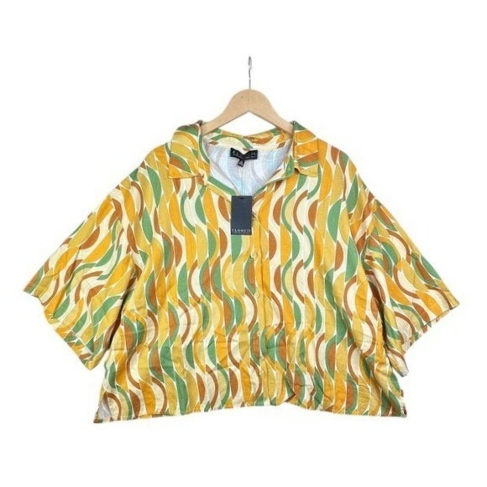 New Eloquii Retro 70's Disco Funky Linen Blend Button Down size 20 Yellow/Green